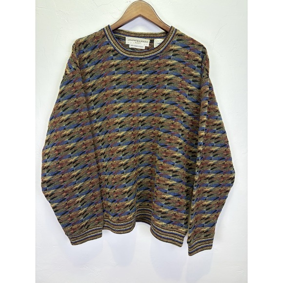 Vintage Jhane Barnes Men's Sweater Size XL Brown Blue Black Tan Geometric Knit